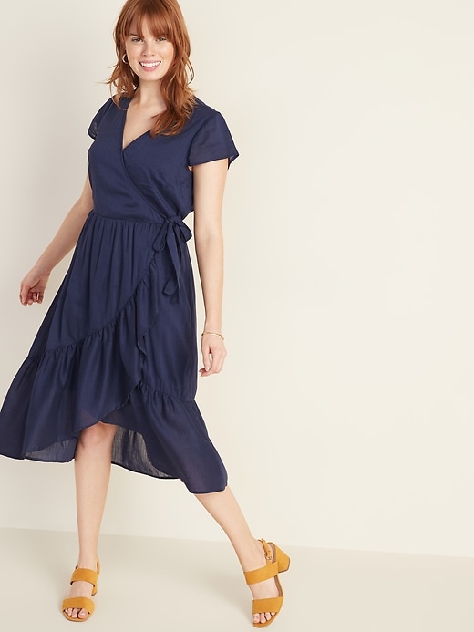 Image number 1 showing, Waist-Defined Faux-Wrap Tiered-Hem Midi for Women