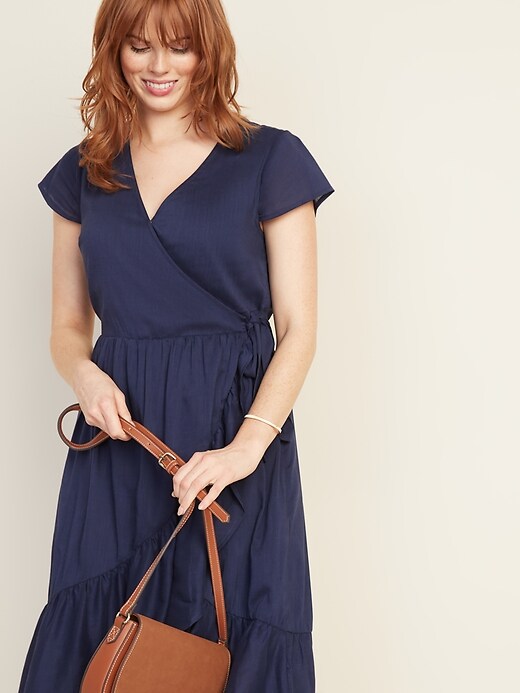Image number 4 showing, Waist-Defined Faux-Wrap Tiered-Hem Midi for Women