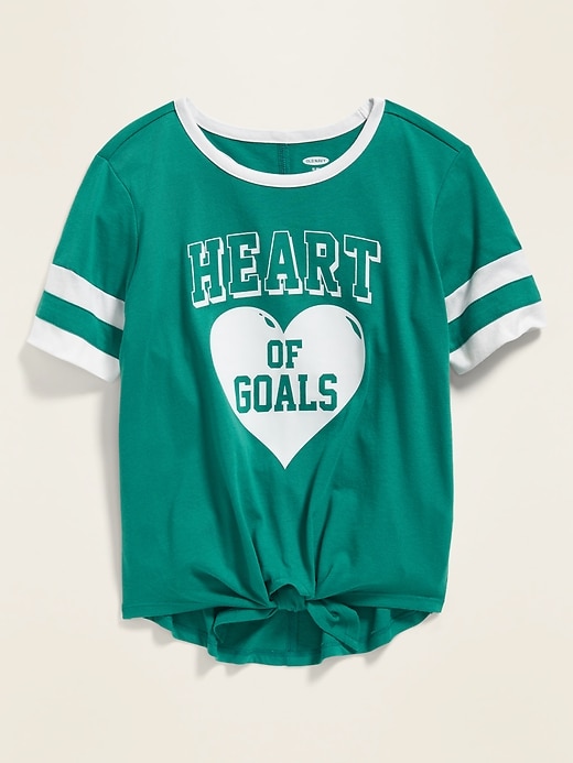 View large product image 1 of 1. Graphic Sleeve-Stripe Tie-Hem Tee for Girls