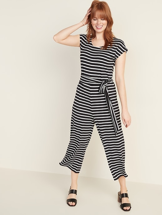 View large product image 1 of 1. Jersey Tie-Belt Cap-Sleeve Jumpsuit for Women