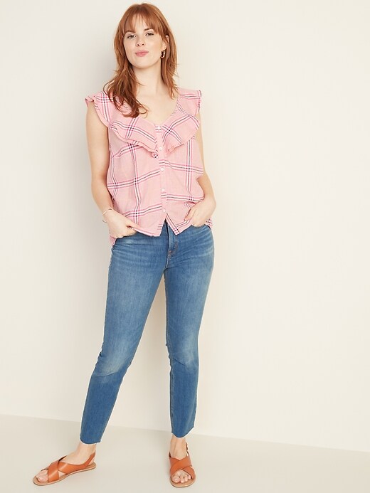 Image number 3 showing, Sleeveless Plaid Ruffle-Trim V-Neck Top for Women
