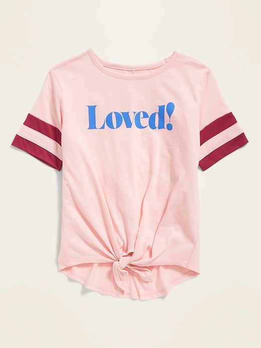 View large product image 1 of 2. Graphic Sleeve-Stripe Tie-Hem Tee for Girls