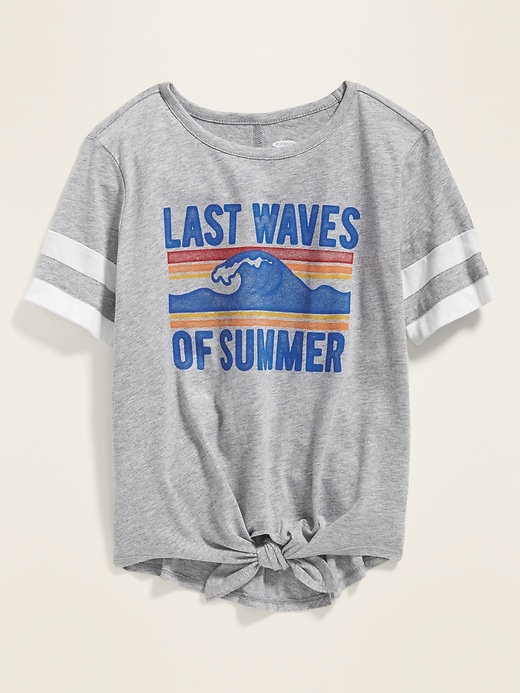 View large product image 1 of 2. "Last Waves of Summer" Sleeve-Stripe Tie-Hem Tee for Girls