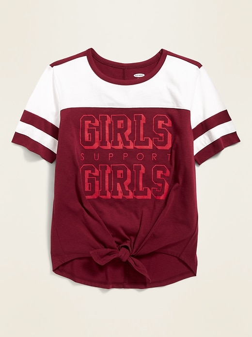View large product image 1 of 2. Graphic Sleeve-Stripe Tie-Hem Tee for Girls