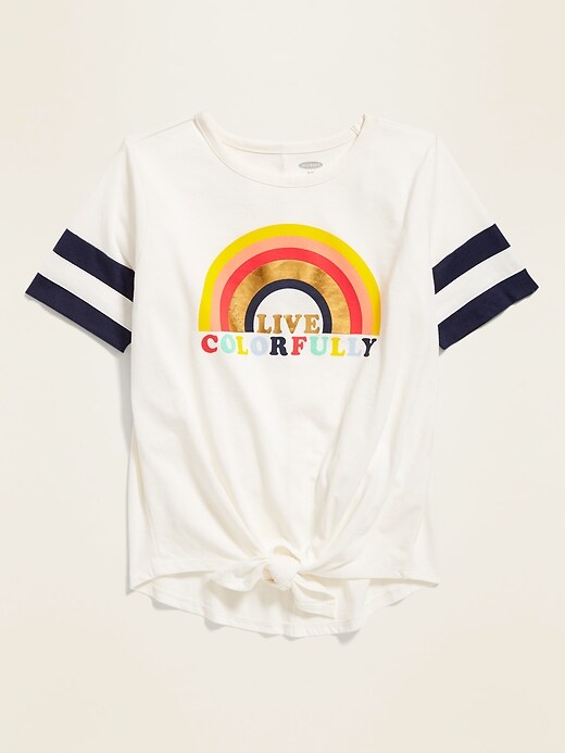 View large product image 1 of 2. "Live Colorfully" Sleeve-Stripe Tie-Hem Tee for Girls