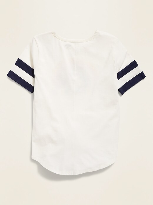 View large product image 2 of 2. "Live Colorfully" Sleeve-Stripe Tie-Hem Tee for Girls