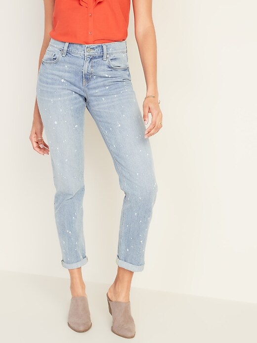 Image number 1 showing, Mid-Rise Bleach-Spot Boyfriend Straight Jeans for Women