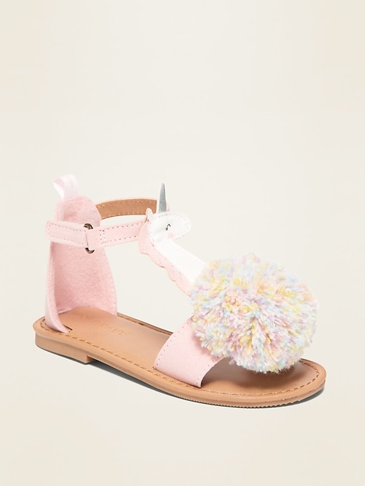 View large product image 1 of 4. Faux-Suede Unicorn Pom-Pom Sandals for Toddler Girls