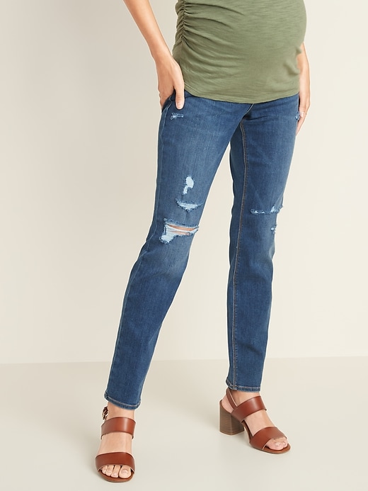 View large product image 1 of 3. Maternity Full Panel Distressed Universal Straight Jeans