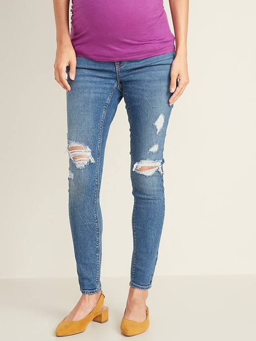 View large product image 1 of 3. Maternity Front Low-Panel Distressed Rockstar Jeans