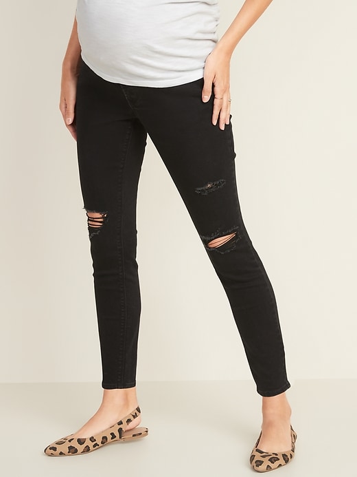 View large product image 1 of 3. Maternity Full-Panel Distressed Rockstar Super Skinny Jeans