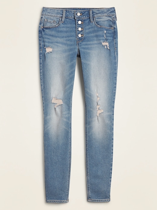 Image number 5 showing, Mid-Rise Button-Fly Distressed Rockstar Super Skinny Jeans for Women