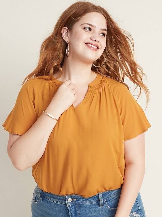 View large product image 1 of 1. Split-Neck Smocked Plus-Size Top