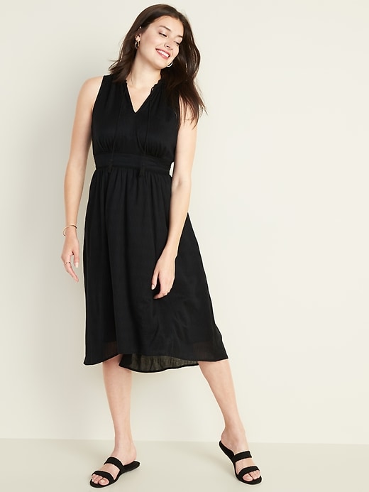 View large product image 1 of 1. Waist-Defined Ruffled Tie-Neck Midi for Women