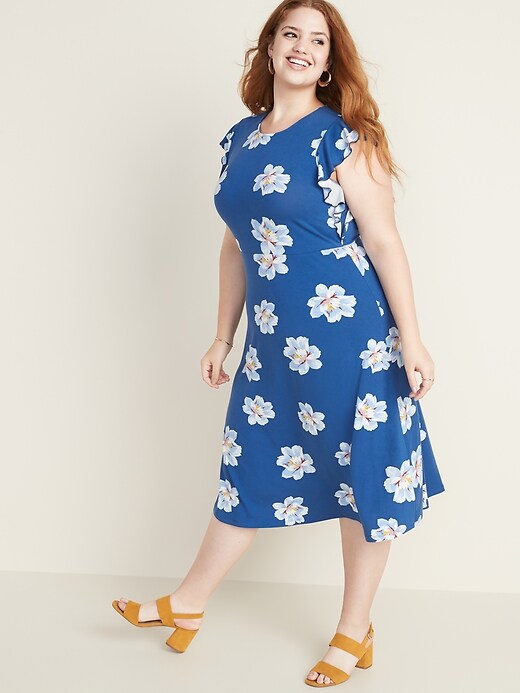 Image number 1 showing, Floral-Print Ruffle-Sleeve Fit & Flare Plus-Size Midi