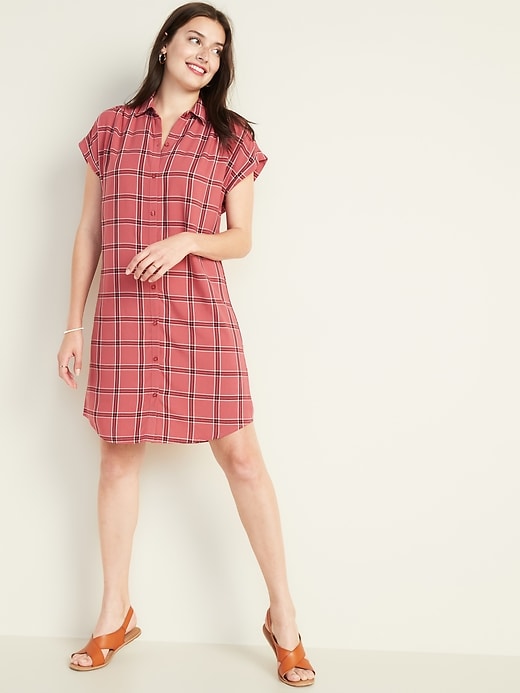 View large product image 1 of 1. Plaid Shirred Shirt Dress for Women