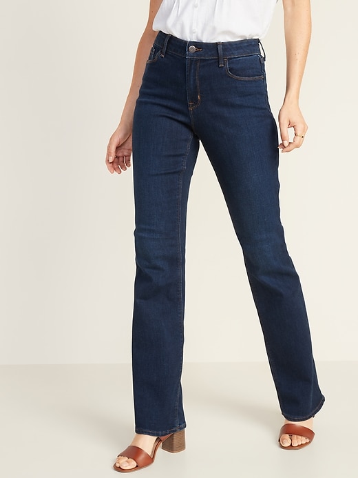 Image number 1 showing, Mid-Rise Dark-Wash Micro-Flare Jeans for Women