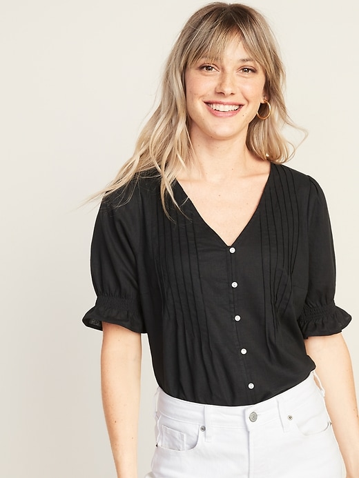 Pintucked V-Neck Button-Front Linen-Blend Blouse for Women