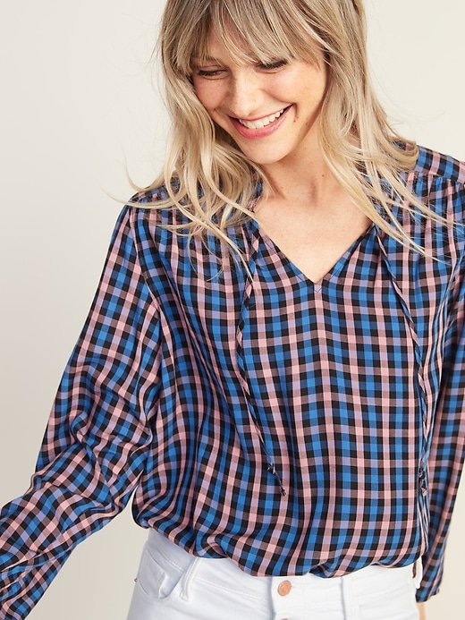 Image number 4 showing, Plaid Mandarin-Collar Tie-Neck Top for Women