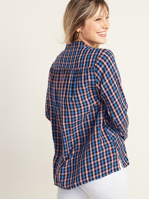 Image number 2 showing, Plaid Mandarin-Collar Tie-Neck Top for Women
