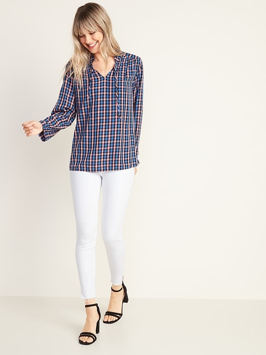 Image number 3 showing, Plaid Mandarin-Collar Tie-Neck Top for Women