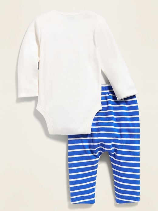 View large product image 2 of 2. Dinosaur-Graphic Bodysuit & Striped Knit Pants Set for Baby