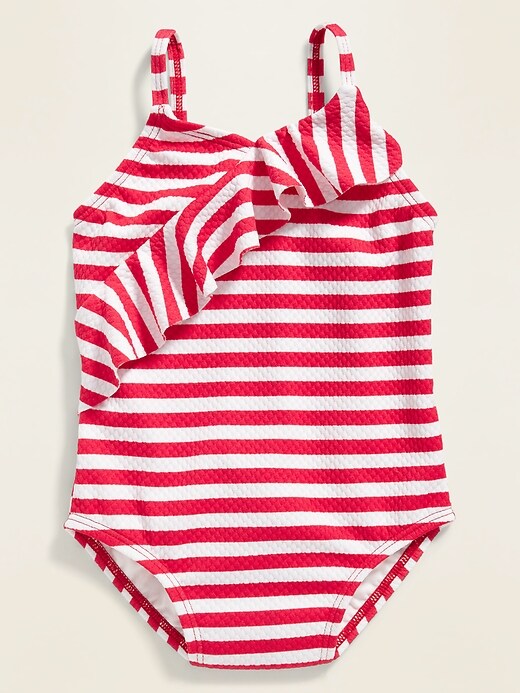 View large product image 1 of 2. Textured-Stripe Ruffled Swimsuit for Toddler Girls