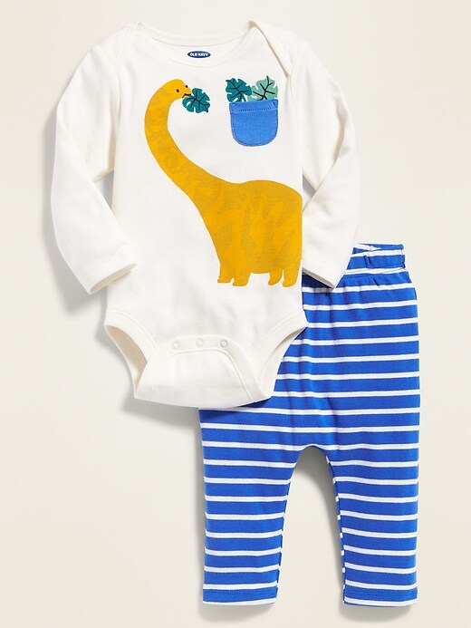 View large product image 1 of 2. Dinosaur-Graphic Bodysuit & Striped Knit Pants Set for Baby