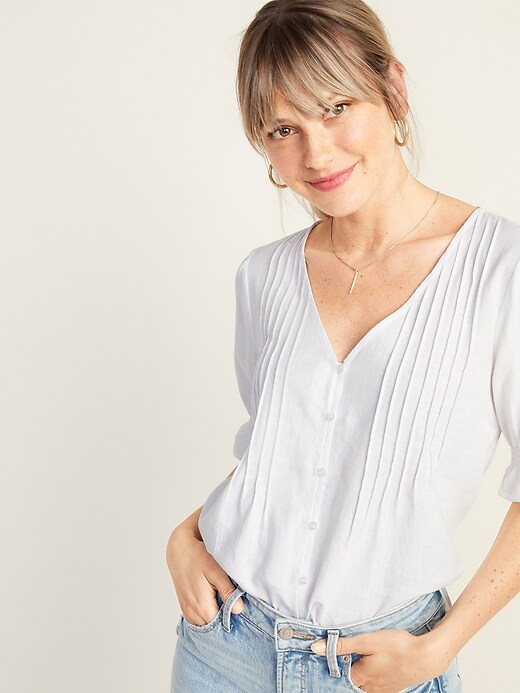 Image number 4 showing, Pintucked V-Neck Button-Front Linen-Blend Blouse for Women