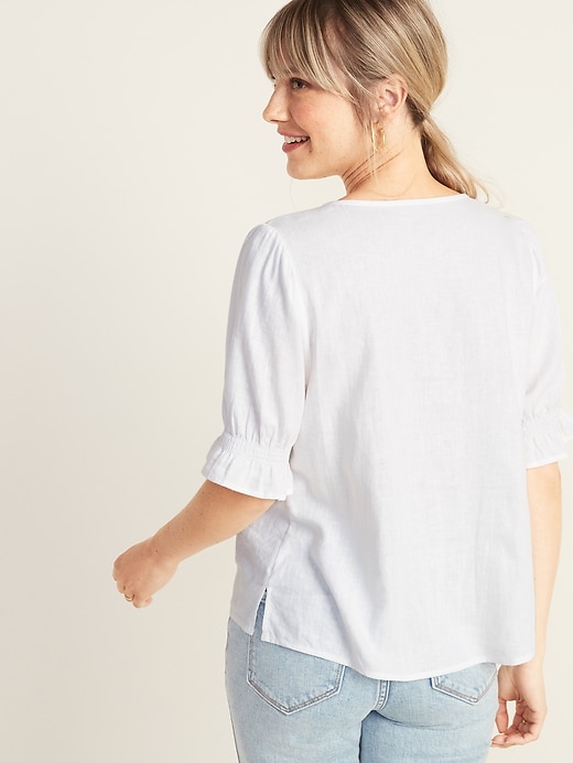 Image number 2 showing, Pintucked V-Neck Button-Front Linen-Blend Blouse for Women
