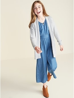 Waist-Defined Chambray Ruffle-Sleeve Jumpsuit for Girls