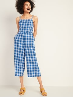 Square-Neck Linen-Blend Cami Jumpsuit for Women