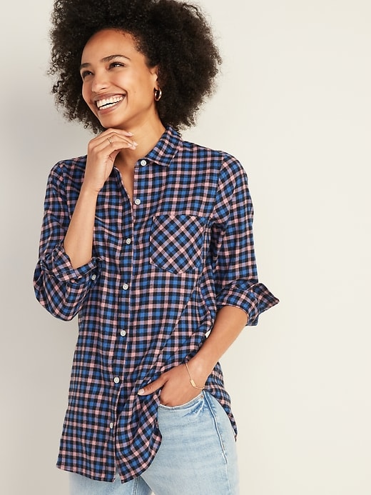 Patterned Flannel Tunic Shirt for Women