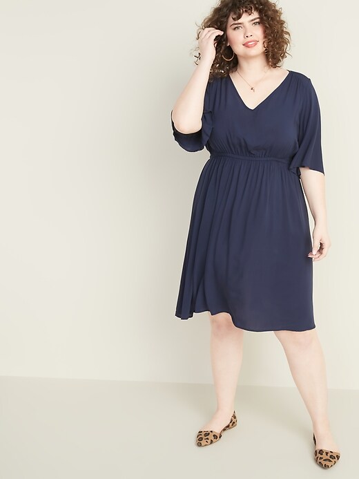 View large product image 1 of 1. Waist-Defined Elbow-Sleeve Plus-Size Dress