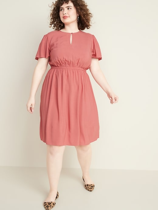 View large product image 1 of 1. Waist-Defined Flutter-Sleeve Plus-Size Dress