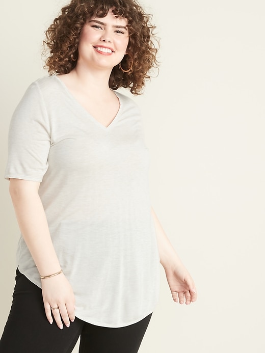 Image number 1 showing, Luxe Metallic-Knit Plus-Size V-Neck Tunic Tee