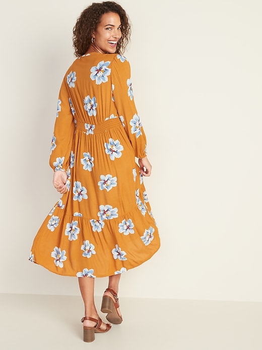 Image number 2 showing, Empire-Waist Split-Neck Floral Midi Dress for Women