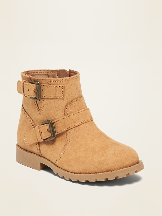 View large product image 1 of 4. Faux-Suede Buckled-Strap Moto Boots for Toddler Girls