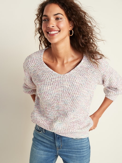 Image number 1 showing, V-Neck Shaker-Stitch Sweater for Women