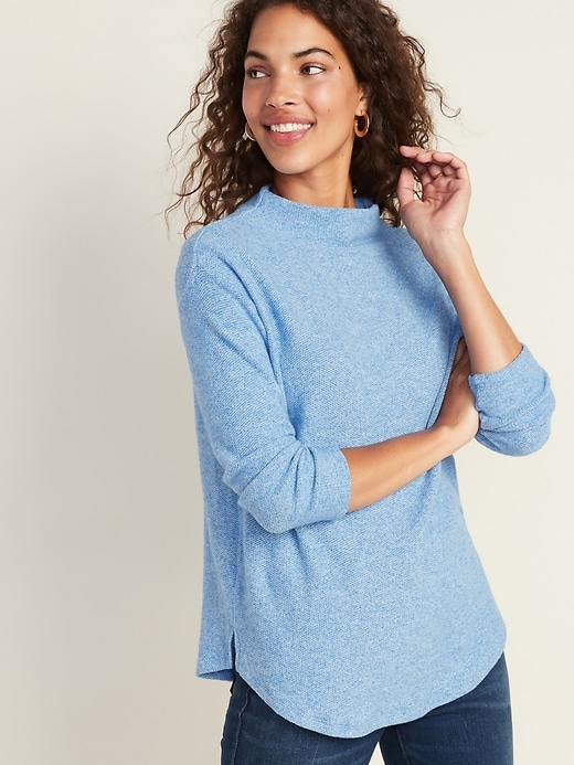 Textured Plush-Knit Funnel-Neck Sweater for Women