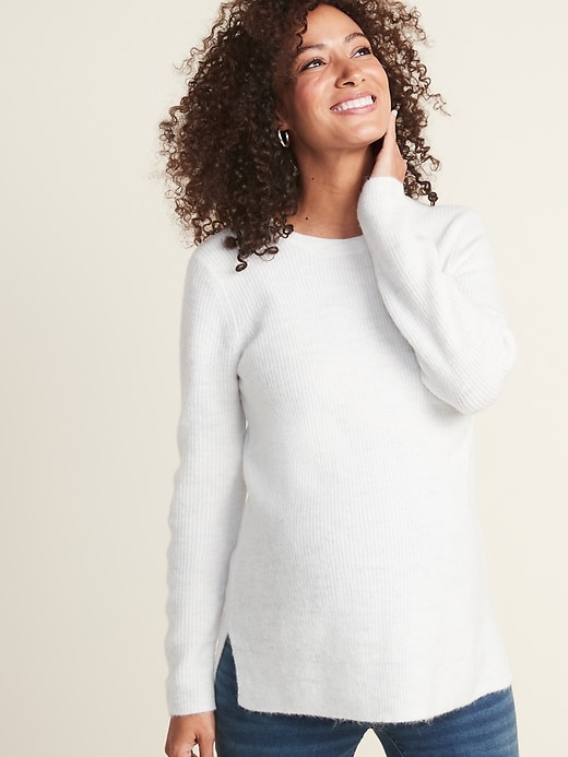 View large product image 1 of 1. Maternity Soft-Brushed Shaker-Stitch Tunic Sweater