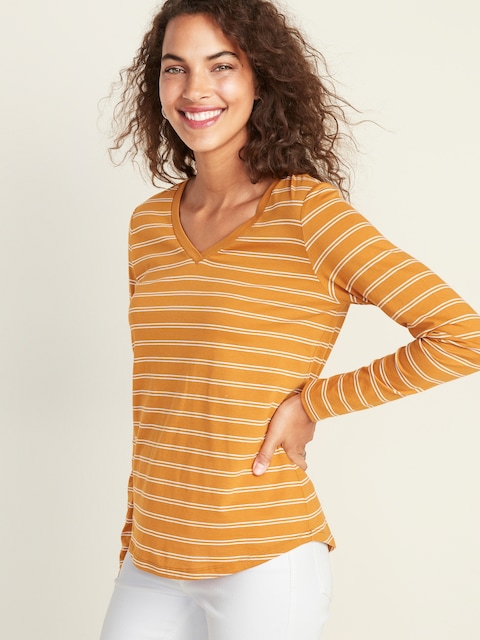 EveryWear Striped V-Neck Curved-Hem Tee for Women