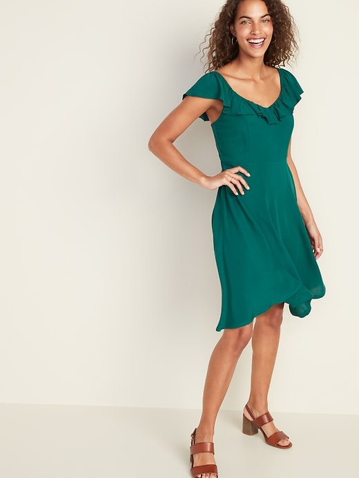 Image number 1 showing, Ruffled Flutter-Sleeve Fit & Flare Dress for Women