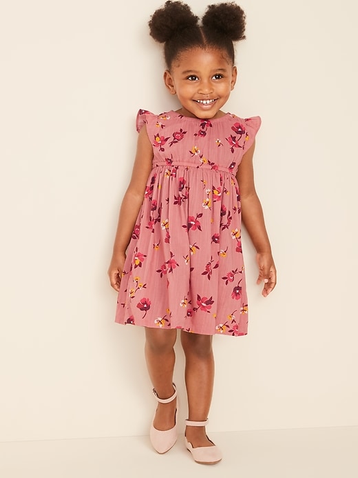View large product image 1 of 4. Waist-Defined Floral-Print Flutter-Sleeve Dress for Toddler Girls