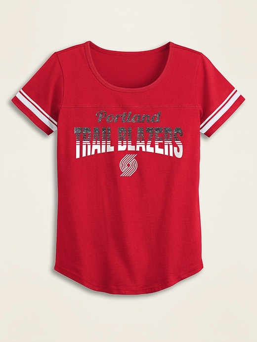 View large product image 1 of 1. NBA&#174 Team-Graphic Sleeve-Stripe Tee for Girls