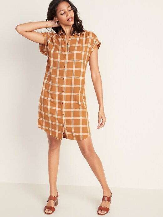 Image number 1 showing, Plaid Shirred Shirt Dress for Women