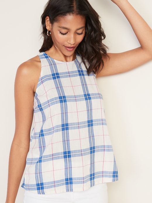 Image number 1 showing, Plaid Slub-Weave High-Neck Sleeveless Top For Women
