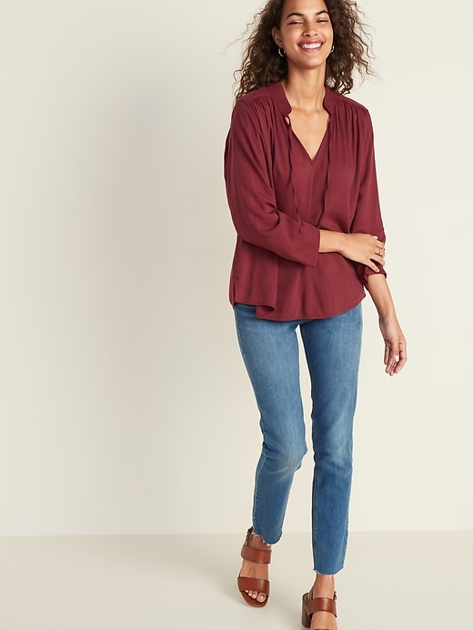 Image number 3 showing, Mandarin-Collar Tie-Neck Twill Top for Women