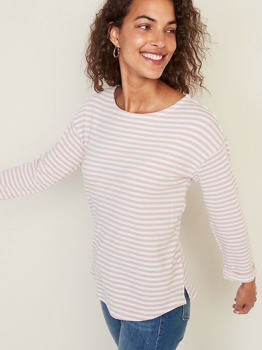 View large product image 1 of 1. French Terry Mariner-Stripe Rolled-Cuff Tee for Women