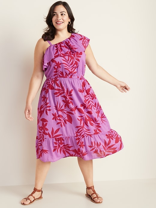 Image number 1 showing, Waist-Defined Plus-Size One-Shoulder Ruffle-Trim Dress